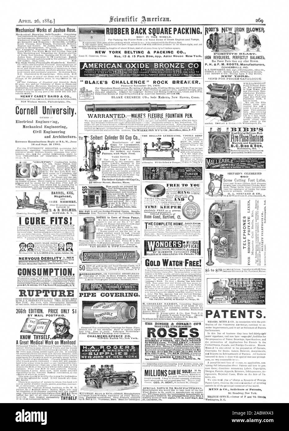 AMERICAN OXIDE BRONZE C BLAKE'S CHALLENGE' ROCK BREAKER. BLAKE CRUSHER CO.  Sole Makers New Haven Conn. Mechanical Works of Joshua Rose. HENRY CAREY  BAIRD & CO. Cornell University. CONSUMPTION. RUPTURE of bad