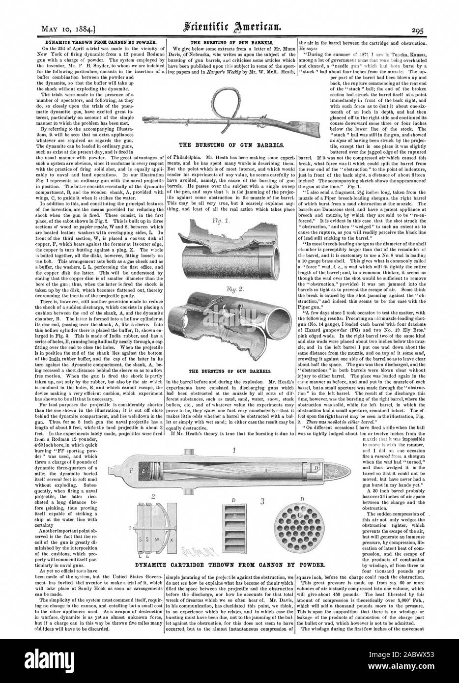 DYNAMITE CARTRIDGE THROWN FROM CANNON BY THE BURSTING OF GUN BARRELS., scientific american, 1884-05-10 Stock Photo