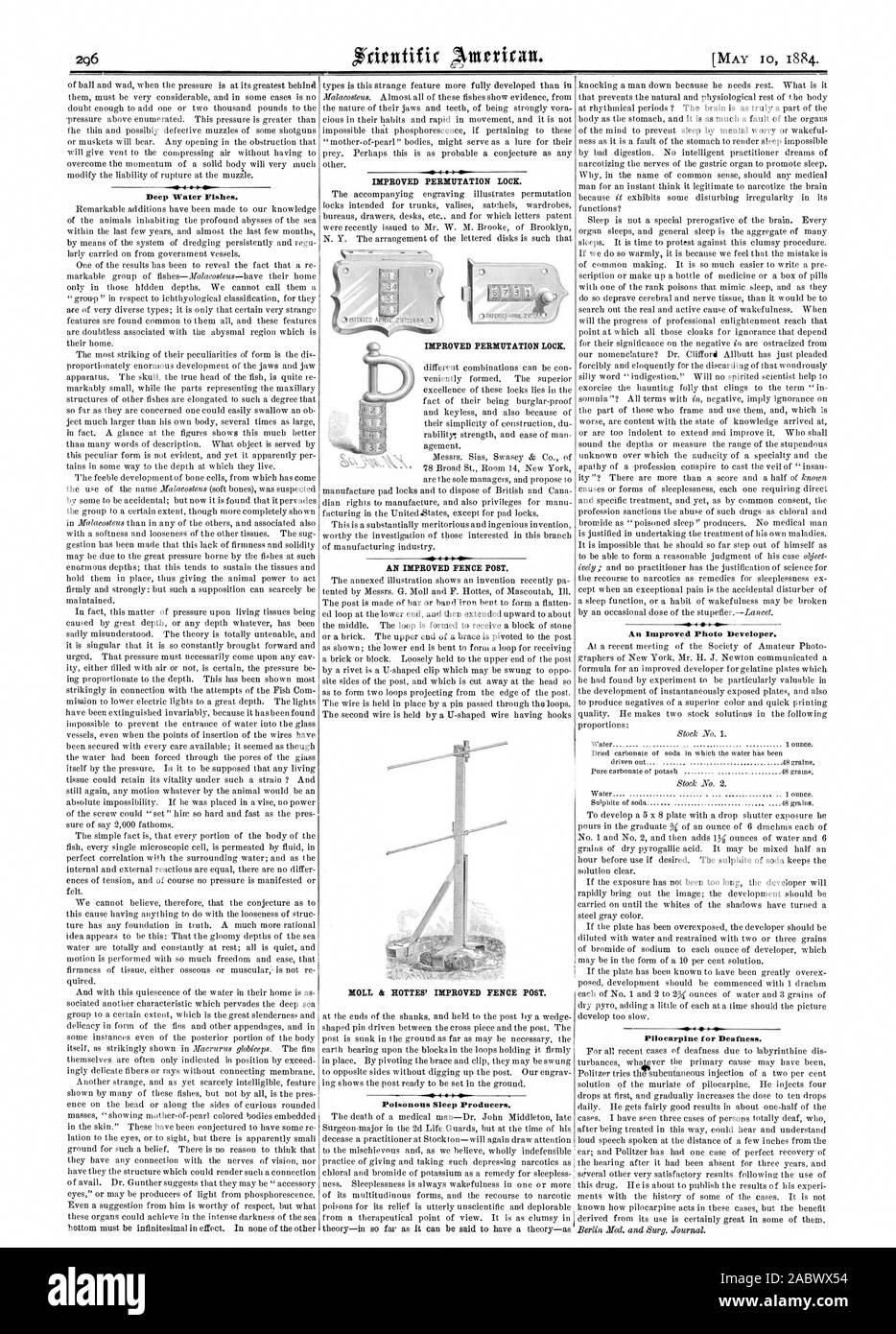 Deep Water Fishes. Poisonous Sleep Producers. An Improved Photo Developer. Pilocarpine for Deafness., scientific american, 1884-05-10 Stock Photo