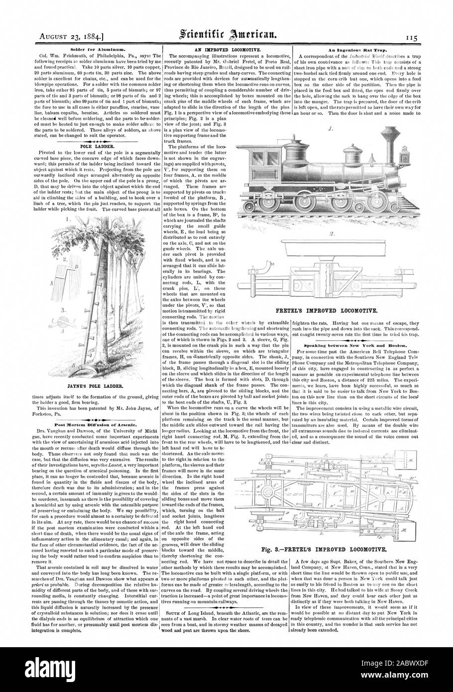 AUGUST 23 18841 Solder for Aluminum. POLE LADDER. JAYNE'S POLE LADDER. Post Mortem Diffusion of Arsenic. An Ingenious Rat Trap. Speaking between New York and Boston. AN IMPROVED LOCOMOTIVE. FRETEL'S IMPROVED LOCOMOTIVE., scientific american, 1884-08-23 Stock Photo