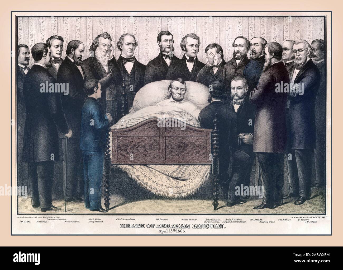 Abraham Lincoln deathbed  'The Death of Abraham Lincoln'  April 15th 1865 with group of sombre political dignitaries surrounding his death bed. The Martyr 16th President of The USA Stock Photo