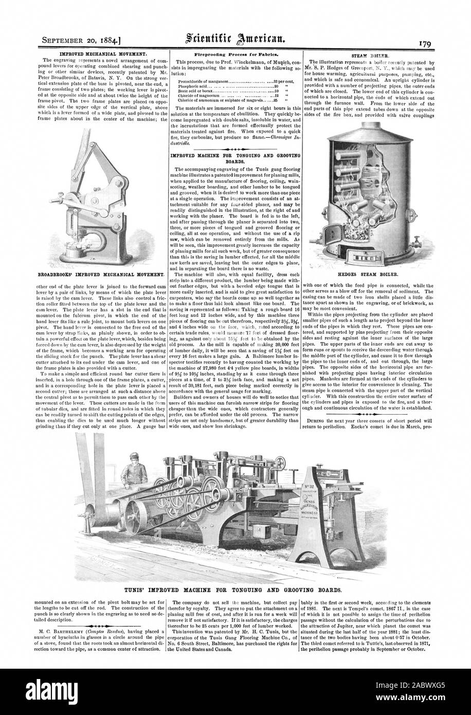 Fireproofing Process for Fabrics. BOARDS. GROOVING   TUNIS' IMPROVED MACHINE FOR TONGUING AND, scientific american, 1884-09-20 Stock Photo