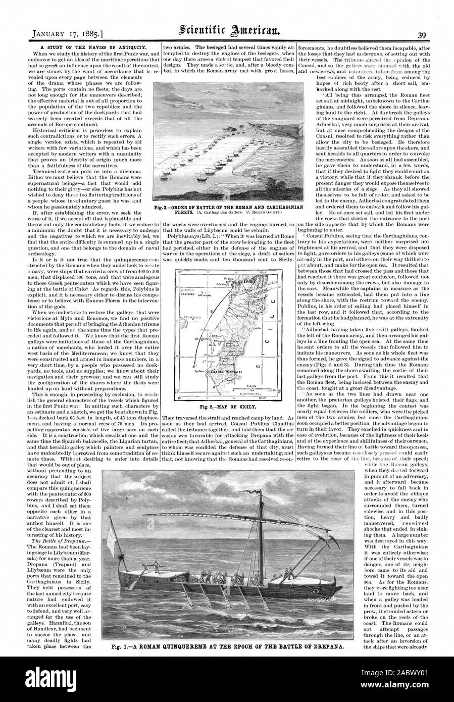 A STUDY OF THE NAVIES OF ANTIQUITY. Fig. 2MAP OF SICILY. Fig. 3ORDER OF BATTLE OF THE ROMAN AND CARTHAGINIAN, scientific american, 1885-01-17 Stock Photo
