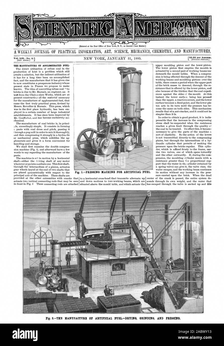 Fig. IPRESSING MACHINE FOR ARTIFICIAL FUEL. THE MANDEACTURE OF AGGLOMERATED FUEL., scientific american, 1885-01-31 Stock Photo