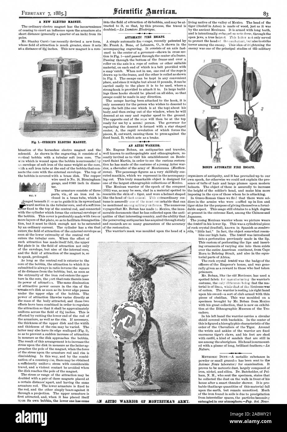 A NEW ELEUTRO MAGNET. CURRIE'S ELECTRO MAGNET. AUTOMATIC FIRE ESCAPE. AN AZTEC WARRIOR. BONE'S AUTOMATIC FIRE ESCAPE. AN AZTEC WARRIOR OF IIONTEZUBIA'S ARMY., scientific american, 1885-02-07 Stock Photo
