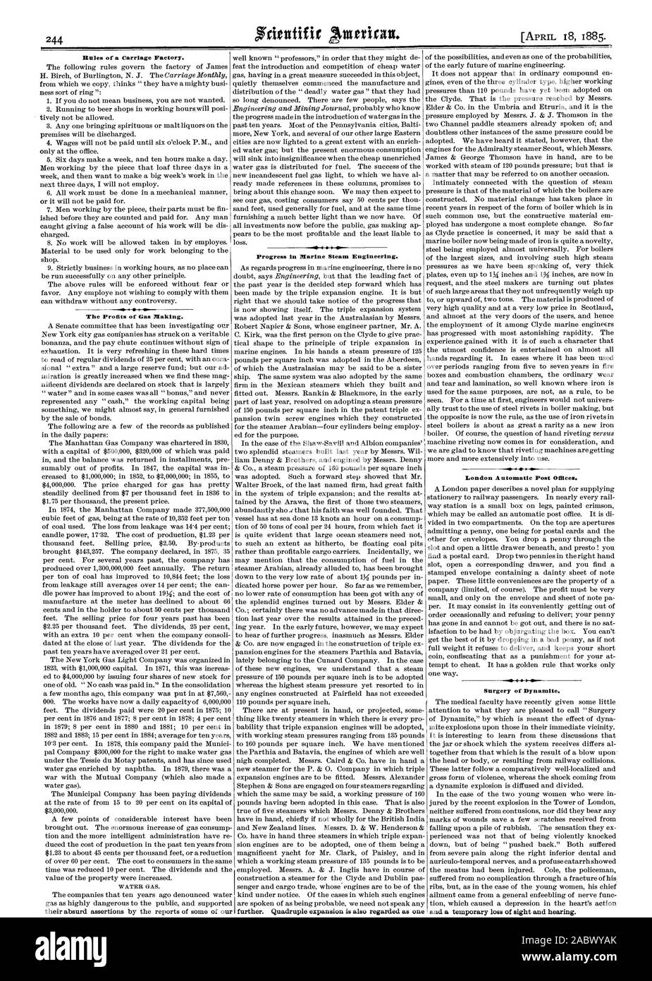 dentine Rules of a Carriage Factory. The Profits of Gas Making. Progress in Marine Steam Engineering. further. Quadruple expansion is also regarded as one London Automatic Post Offices. 4 Surgery of Dynamite. and a temporary loss of sight and hearing., scientific american, 1885-04-18 Stock Photo