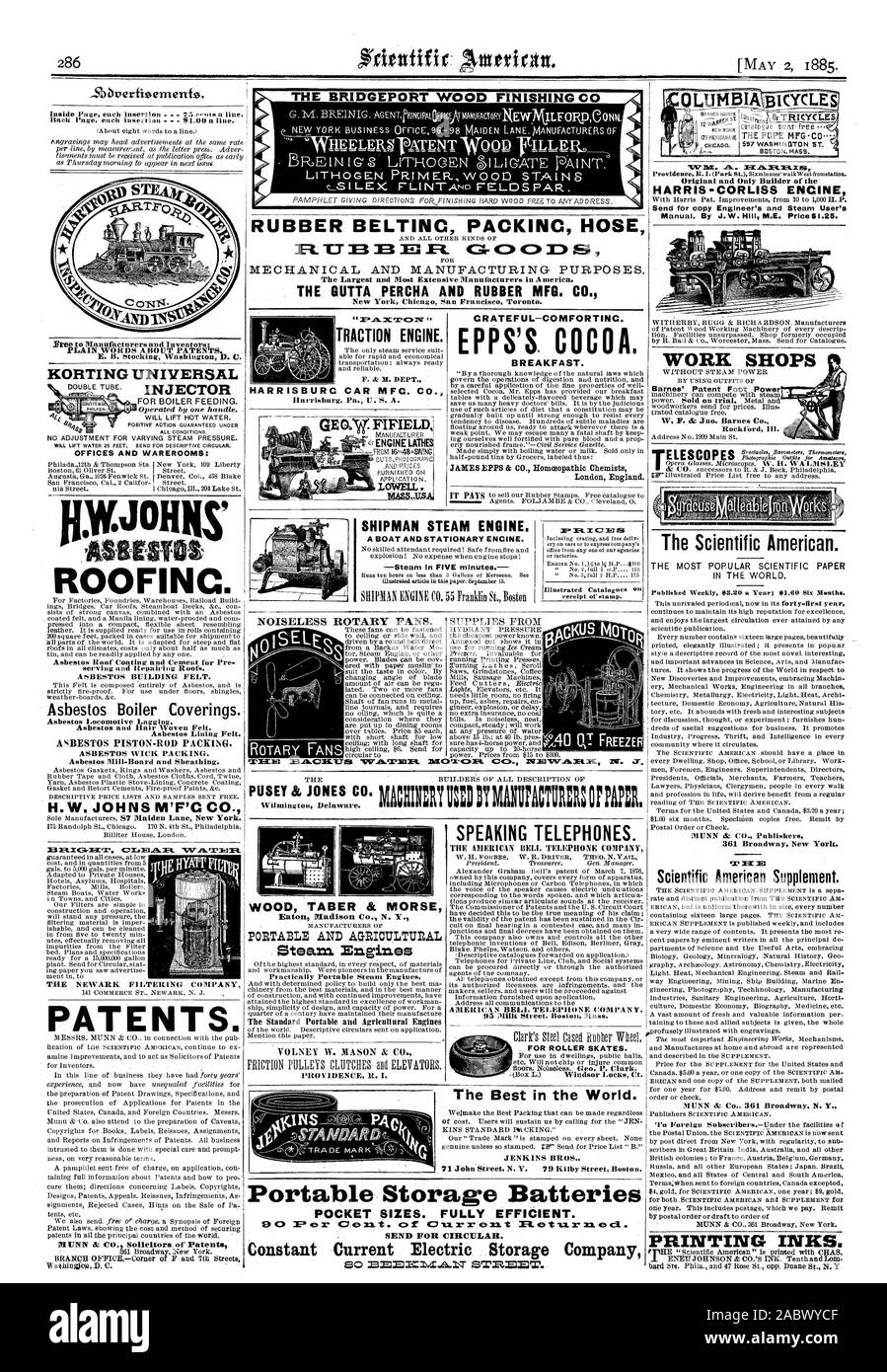 THE BRIDGEPORT WOOD FINISHING C LITHOGEN PRIMER W00D STAINS 1 MECHANICAL AND MANUFACTURING PURPOSES. THE GUTTA PERCHA AND RUBBER MFG. NOISELESS ROTARY FANS. Dir. Or. KOFITING UNIVERSAL FOR BOILER FEEDING. WILL LIFT HOT WATER. ALL CONDITIONS. NO ADJUSTMENT FOR VARYING STEAM PRESSURE. WILL LIFT WATER 26 FEET. REND FOR DESCRIPTIVE CIRCULAR. OFFICES AND WAREROOMS: ROOFIN  serving and Repairing Roots. ASBESTOS BUILDING FELT. Asbestos Boiler Coverings. Asbestos Locomotive Lagging. Asbestos and Hair Woven Felt. Asbestos Lining Felt. ASBESTOS WICK PACKING. Asbestos Mill-Board and Sheathing. H.W. JOHNS Stock Photo