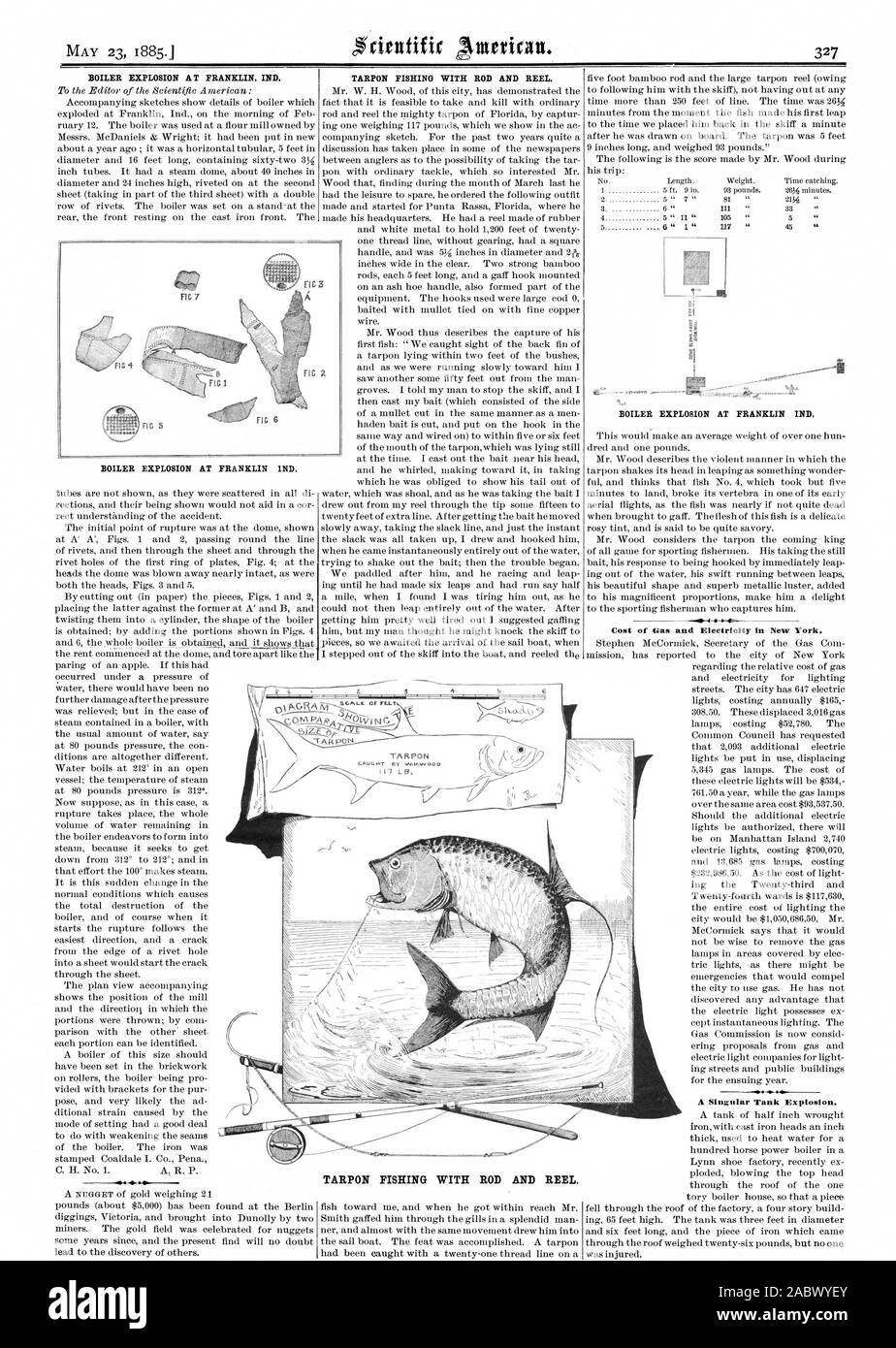 BOILER EXPLOSION AT FRANKLIN IND. BOILER EXPLOSION AT FRANKLIN IND. TARPON FISHING WITH ROD AND REEL. BOILER EXPLOSION AT FRANKLIN IND. Cost of Gas and Electricity in New York. A Singular Tank Explosion. TARPON FISHING WITH ROD AND REEL., scientific american, 1885-05-23 Stock Photo