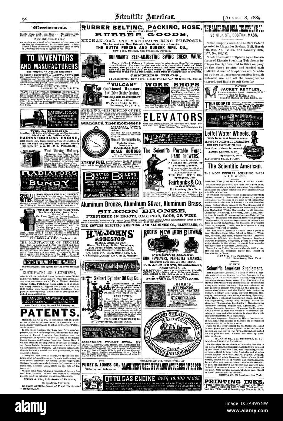 Inside Page each insertion  75 cents a line. k TO INVENTORS AND MANUFACTURERS The Fifty-fourth Annual Exhibition OF THE W 3813EL riS Providence. . 1 (Park Rt.) Six minutes' walk Weetfrom station. HARRIS -CORLISS ENCINE With Harris Pat. Improvements from 10 to 1000 H. P. Send for copy Engineer's and Steam User's Manual. By J. W. Hill M.E. PriceS.25. FAD 1 A.'1'. 0 Ft S u VAN DUZEN & PIET Cincinnati 0. New York Office 9i$ and 94 Liberty St. PATENTS. ' VULCAN ' Cushioned Hammer. Full Line of Sizes. Standard Thermometers URSTED OILERS DO NOT OCCUR. THEIR BOILERS PERFECTLY CLEAN  BY USING l E.W.VAN Stock Photo