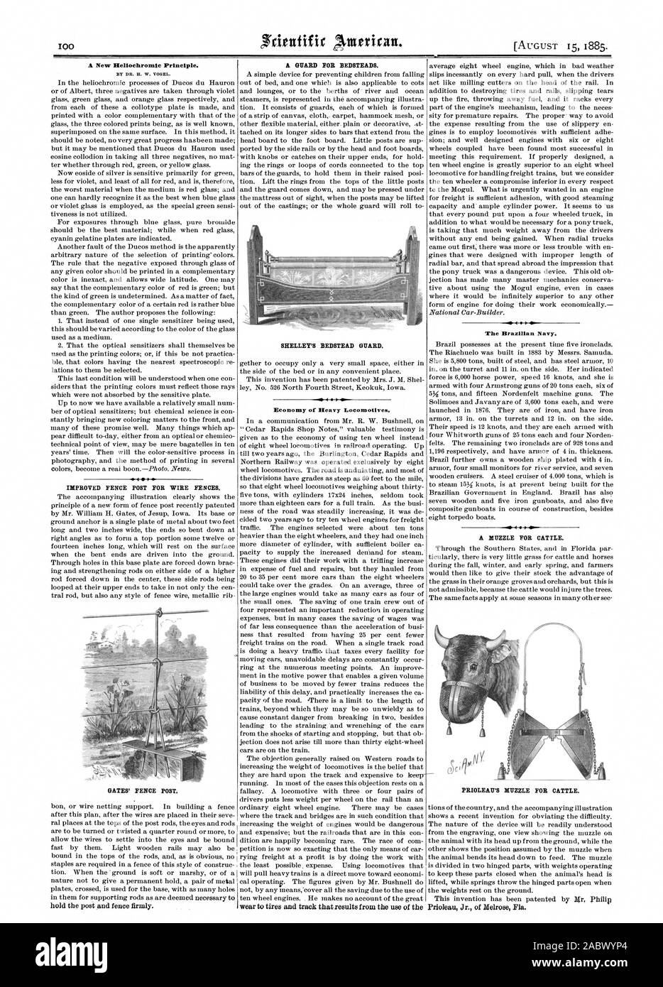 BY DR. IL W. VOGEL. 4.-4 IMPROVED FENCE POST FOR WIRE FENCES. GATES' FENCE POST. SHELLEY'S BEDSTEAD GUARD. Economy of Heavy Locomotives. The Brazilian Navy. A MUZZLE FOR CATTLE. PRIOLEA17'S MUZZLE FOR CATTLE., scientific american, 1885-08-15 Stock Photo