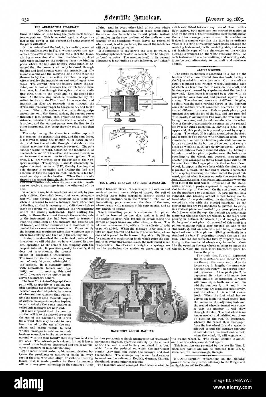 THE AUTOGRAPHIC TELEGRAPH. ADDING MACHINE. est., scientific american, 1885-08-29 Stock Photo