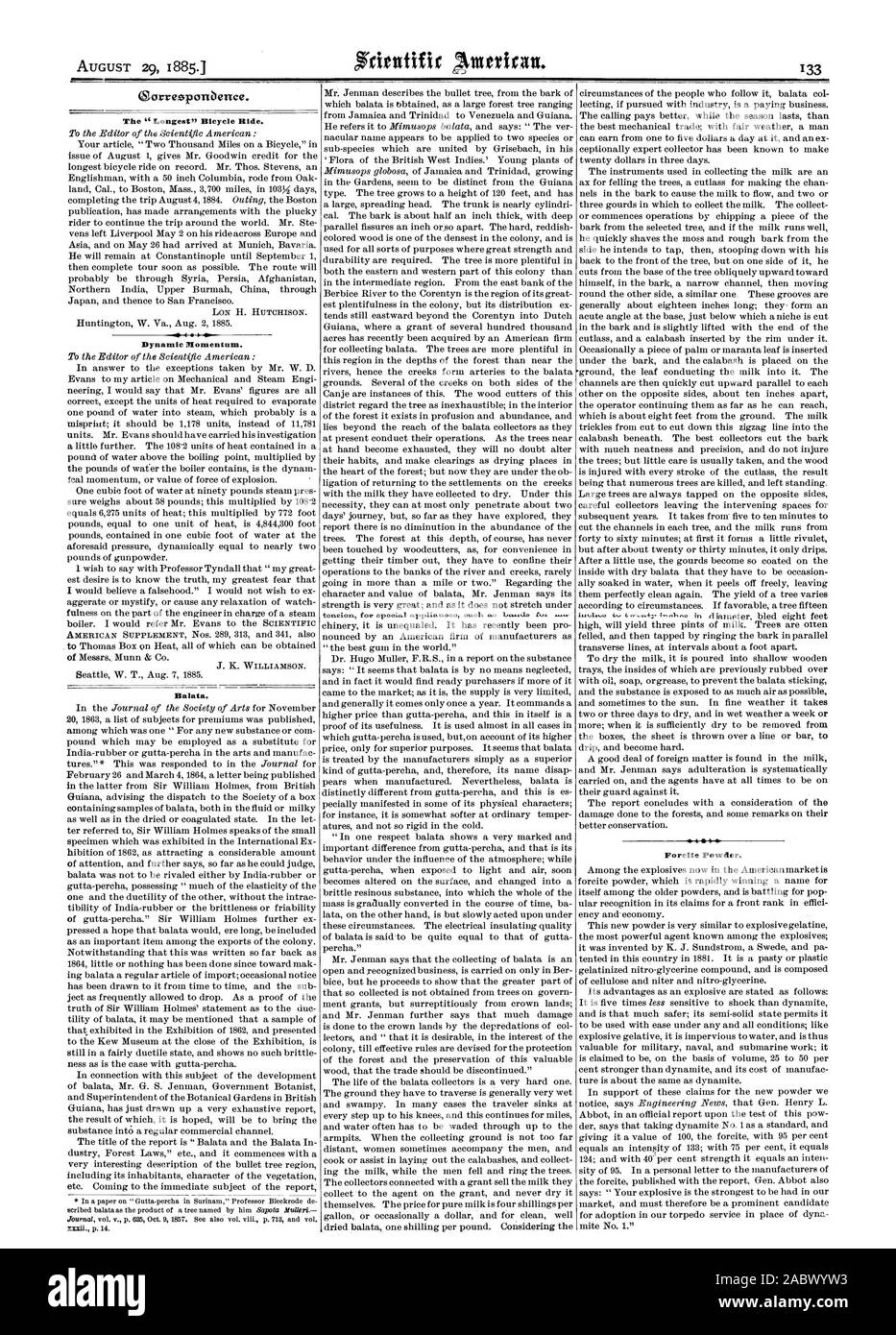 The 'Longest' Bicycle Ride. Dynamic Momentum. Balata.  In a paper on 'Gutta-percha in Surinam' Professor Bleekrode de p. 14. Forcite Powder., scientific american, 1885-08-29 Stock Photo