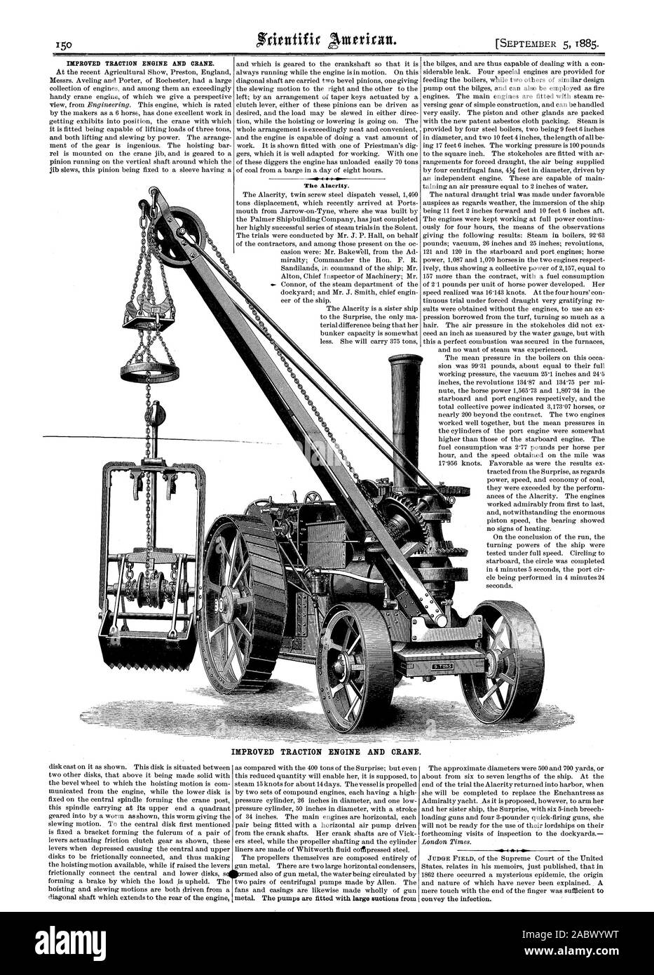 IMPROVED TRACTION ENGINE AND CRANE. The Alacrity. IMPROVED TRACTION ENGINE AND CRANE., scientific american, 1885-09-05 Stock Photo
