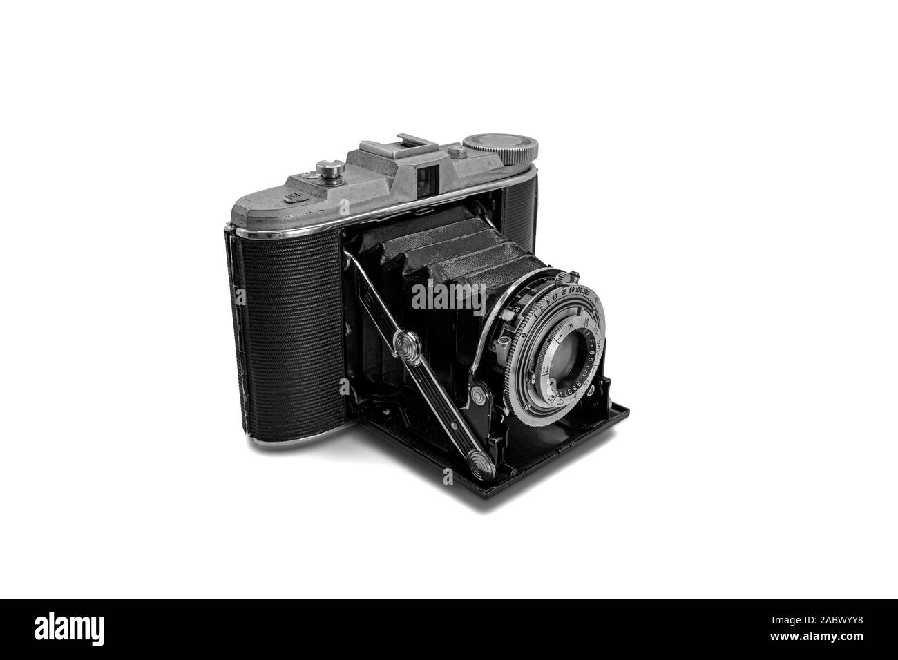 Nostalgic retro metal compact horizontal folding photo camera medium format with manual shutter Stock Photo