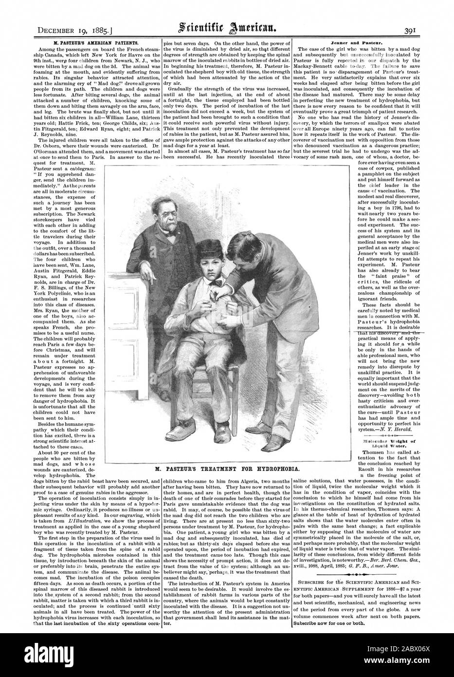 M. PASTEUR'S AMERICAN PATIENTS. Jenner and Pasteur. Molecular Weight of Liquid Water. Subscribe now for one or both M. PASTEUR'S TREATMENT FOR HYDROPHOBIA., scientific american, 1885-12-19 Stock Photo