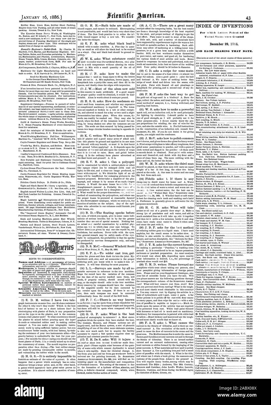 INDEX OF INVENTIONS For which Letters Patent of the United States were  Granted December 29 1885 AND EACH BEARING THAT DATE., scientific american,  1886-01-16 Stock Photo - Alamy