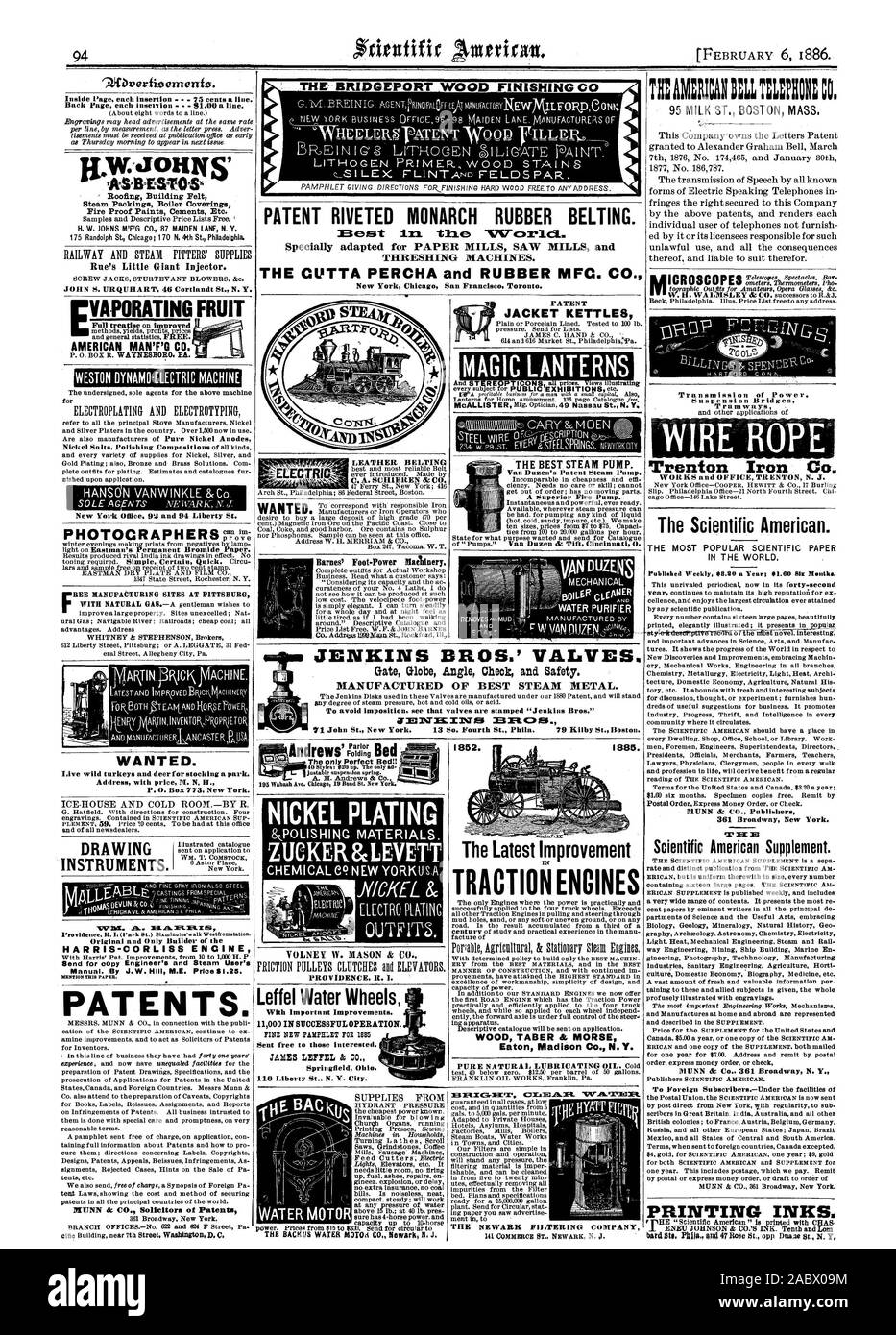 Roofing Building Felt Steam Po.ckings Boiler Coverings Fire Proof Paints Cements Rte. JOHN S. URQUHART 46 Cortlandt St. N.Y. PATENT RIVETED MONARCH RUBBER BELTING. THRESHING MACHINES. AMERICAN MAN'F'G CO. New York Office. 99 and 94 Liberty St. PHOTOGRAPHERSeau AND MANDFACTURERLANCASTERPAYSA WANTED. Live wild turkeys and deer for stocking a park. Address with price M. N H. P.O. Box73 New York. INSTRUMENTS. Original and Only Builder of the HARRIS-CORLISS ENGINE Send for copy Engineer's and Steam User's PATENTS. LEATHER BELTING Co. Address 193Dom Itockf ortII14 The only Perfect Bed:: NICKEL Stock Photo