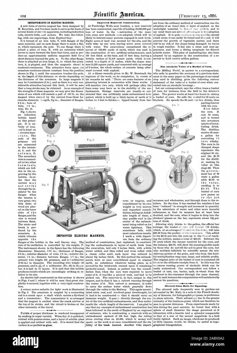 IMPROVEMENTS IN ELEOTRO MAGNETS. Improved Reservoir Construction. Silvered Glass Balls for Signaling. IMPROVED ELECTRO MAGNETS., scientific american, 1886-02-13 Stock Photo