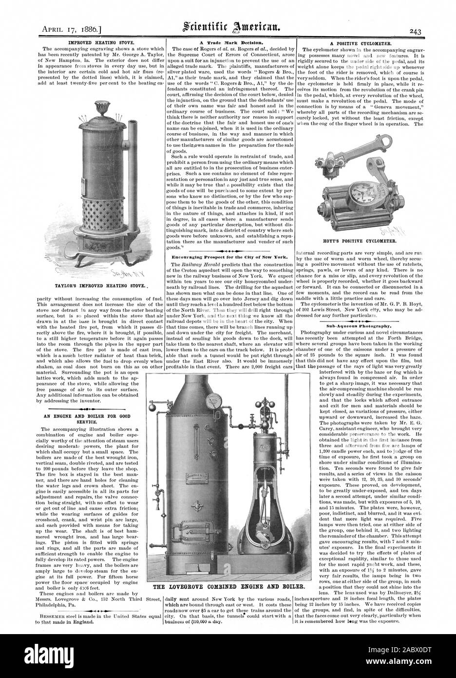 IMPROVED HEATING STOVE. TAYLOR'S IMPROVED HEATING STOVE AN ENGINE AND BOILER FOR GOOD SERVICE. Encouraging Prospect for the City of Now York. HOYT'S POSITIVE CYCLOMETER. Sub-Aqueous Photography. THE LOVEGROVE COMBINED ENGINE AND BOILER., scientific american, 1886-04-17 Stock Photo