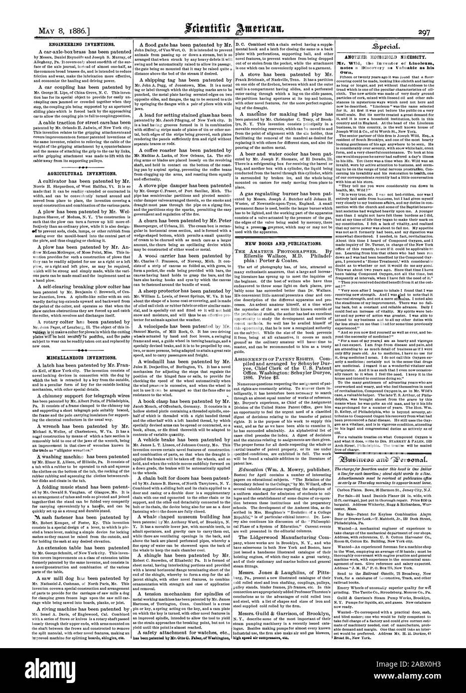 ENGINEERING INVENTIONS. AGRICULTURAL INVENTIONS. MISCELLANEOUS INVENTIONS. has been patented by Mr. Otto G. Faber of Washington NEW BOOKS AND PUBLICATIONS. high speed air compressors etc Special. ANOTHER HOUSEHOLD NECESSITY. Mr. Wild the Inventor of Linoleum notes a Discovery as Valuable au hiu Own. '3usiness anb ?Personal., scientific american, 1886-05-08 Stock Photo