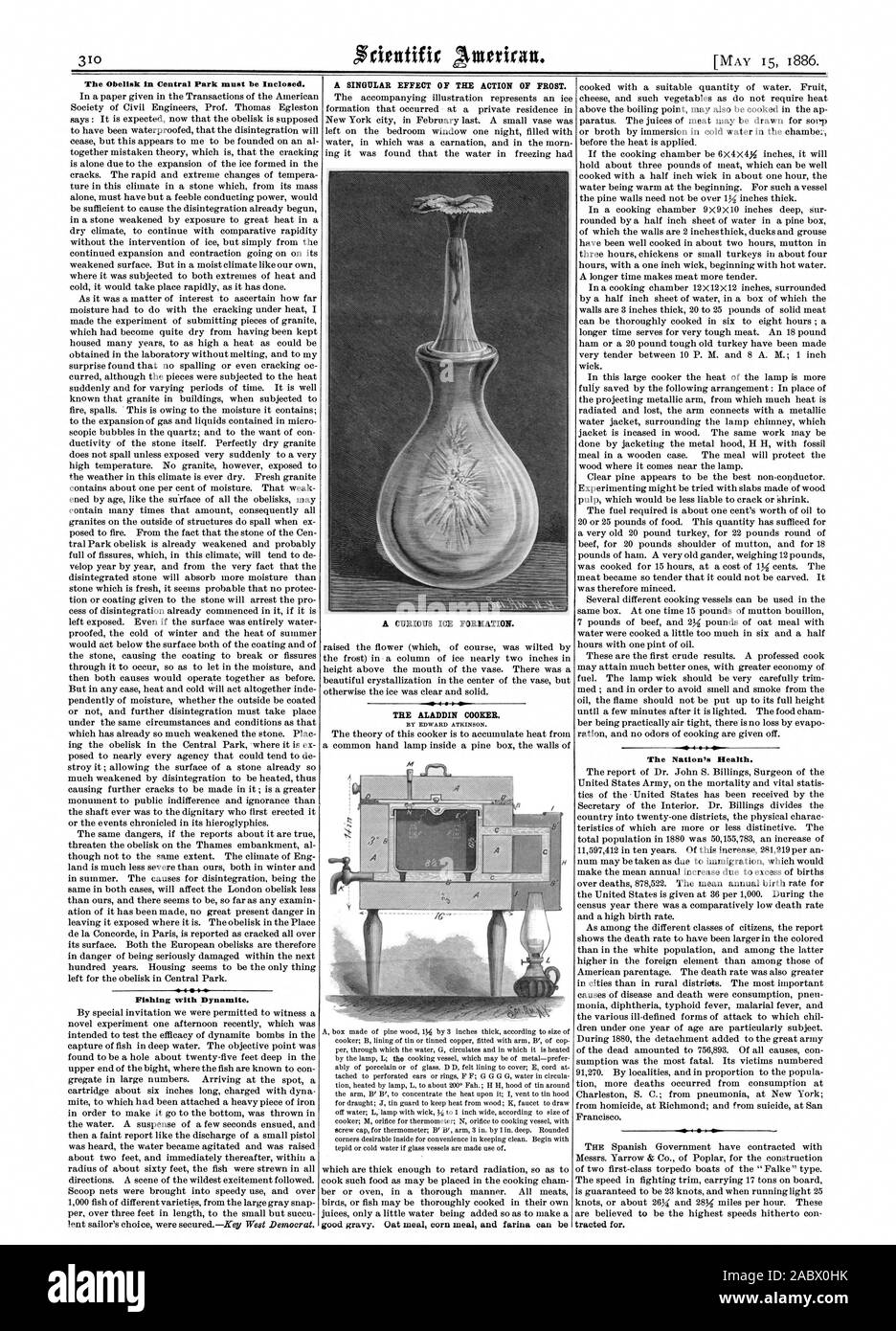 The Obelisk in Central Park must be Inclosed. Fishing with Dynamite. A SINGULAR EFFECT OF THE ACTION OF FROST. THE ALADDIN COOKER. The Nation's Health. A CURIOUS ICE FORMATION., scientific american, 1886-05-15 Stock Photo