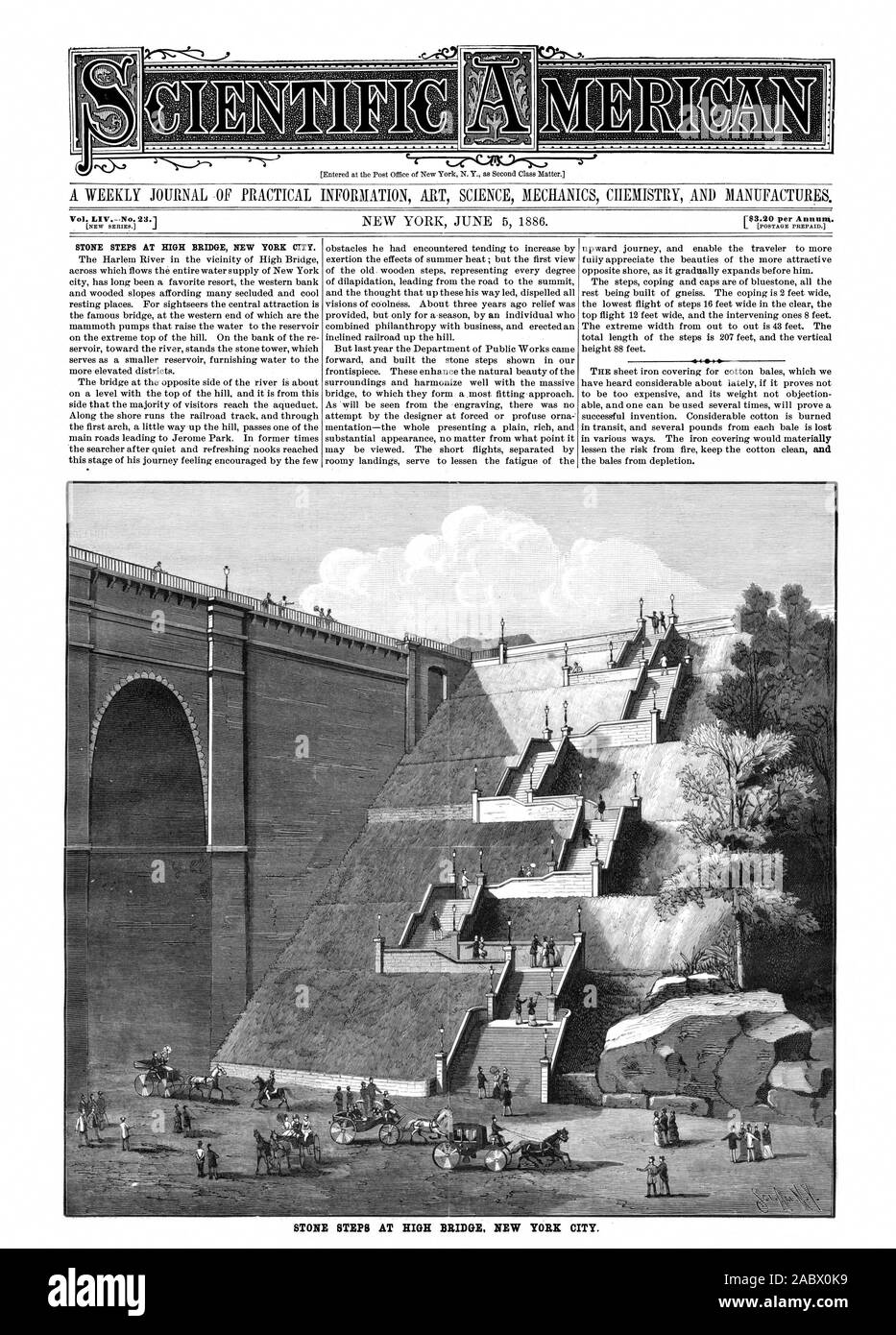 to be too expensive and its weight not objection able and one can be used several times will prove a successful invention. Considerable cotton is burned in transit and several pounds from each bale is lost in various ways. The iron covering would materially the bales from depletion. STONE STEPS AT HIGH BRIDGE. NEW YORK CITY., scientific american, 1886-06-05 Stock Photo