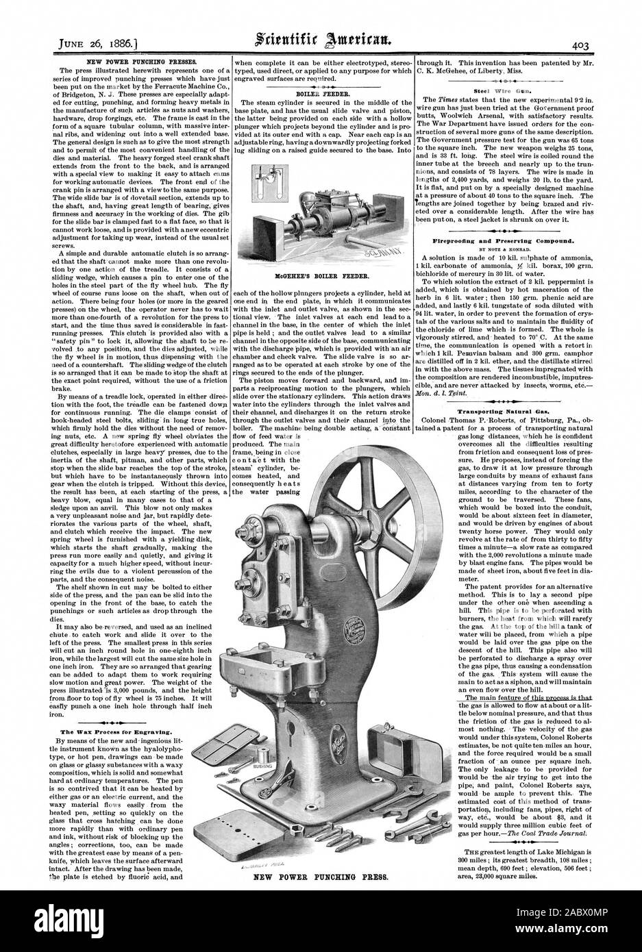NEW POWER PUNCHING PRESSES. The Wax Process for Engraving. BOILER FEEDER. HoGEHEE'S BOILER FEEDER. Steel Wire Gun. Fireproofing and Preserving Compound. Transporting Natural Gas. NEW POWER PUNCHING PRESS., scientific american, 1886-06-26 Stock Photo