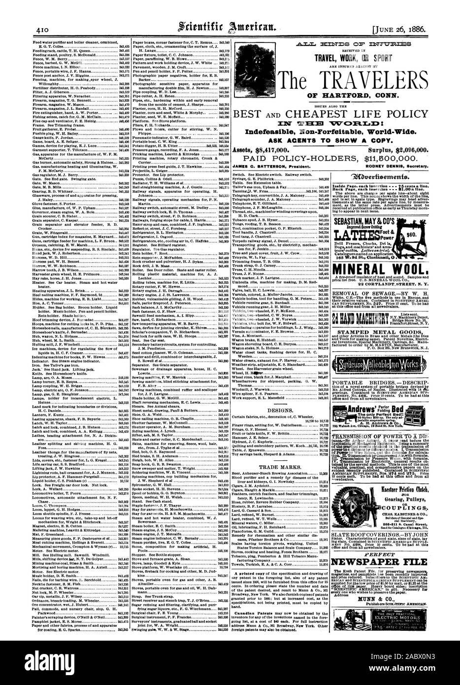 FARMERS Planters or Country Gentlemen The Pants' Stretcher. SUMMER TRAVEL.  'THE TRAVELERS' 'THE TRAVELERS' JAS. G. BATTERSON President. PATENTS MUNN &  CO. Waahington D. C. THE AMERICAN TWIST DIAMOND SOLID EMERY WHEELS.