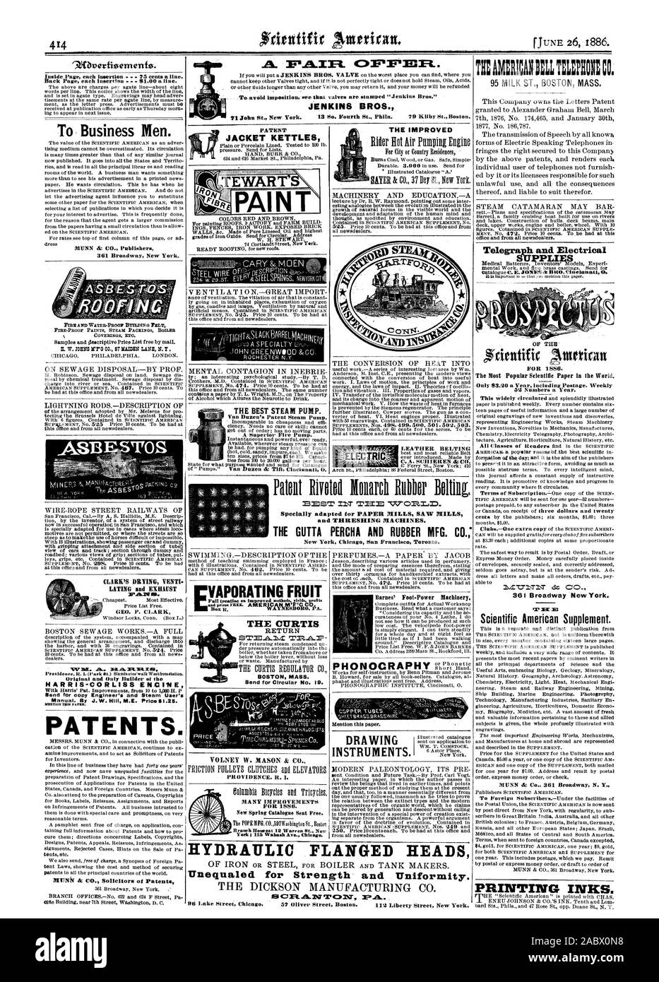 PHONOCRAPHY Mention this paper. INSTRUMENTS. PATENT JACKET KETTLES and THRESHING MACHINES. THE GUTTA PERCHA AND RUBBER MFG. CO.: New York Chicag San Francisc Toronto. HYDRAULIC FLANGED HEADS Unequaled for Strength and Uniformity. THE DICKSON MANUFACTURING CO., scientific american, 1886-06-26 Stock Photo