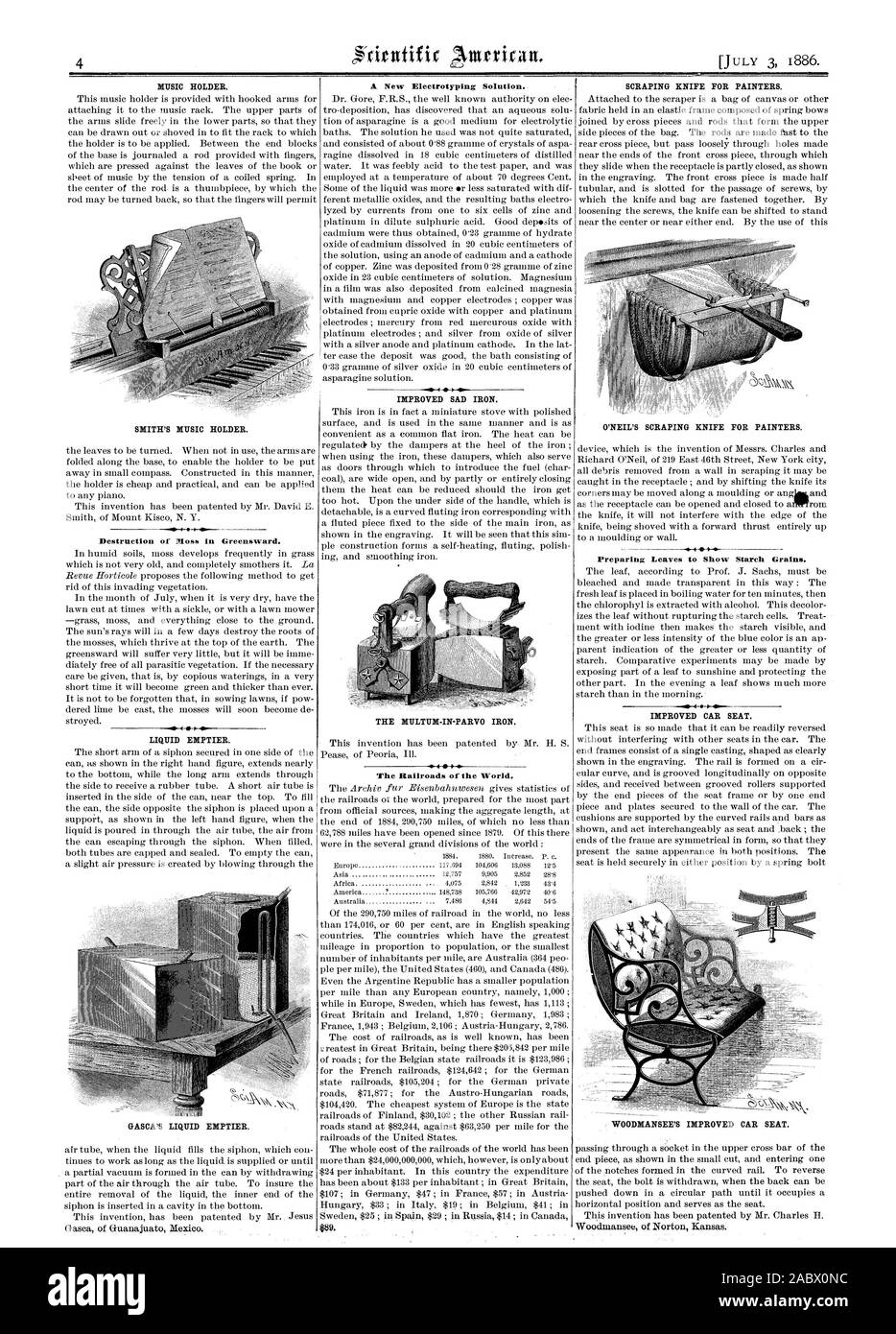 entifir Aintrican. MUSIC HOLDER. Destruction of Moss in Greensward. LIQUID EMPTIER. A New Electrotyping Solution. IMPROVED SAD IRON. The Railroads of the World. SCRAPING KNIFE FOR PAINTERS. Preparing Leaves to Show Starch Grains. —a I  IMPROVED CAR SEAT. WOODBIANSEE'S IMPROVED CAR SEAT., scientific american, 1886-07-03 Stock Photo