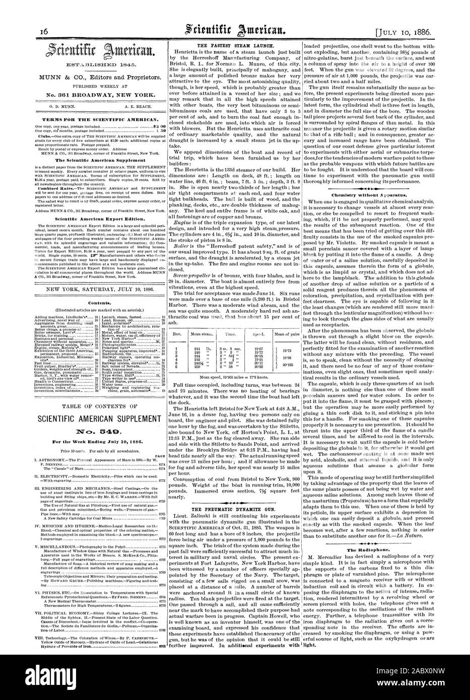 Week Ending July 101886. PAGE THE PNEUMATIC DYNAMITE GUN. Chemistry without Apparatus. The Radiophone. THE FASTEST STEAM LAUNCH., scientific american, 1886-07-10 Stock Photo