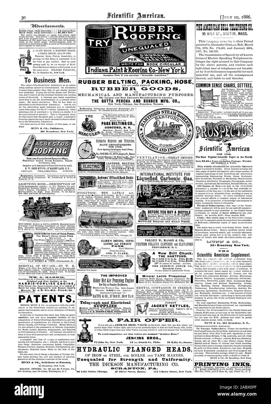 RUBBER BELTINC PACKING HOSE The Largest and Most Extensive Manufacturers in A merica. THE GUTTA PERCHA AND RUBBER MFG. CO. New York Chicag San Francisc Toronto. Back Page each insertion  - 81.00 a line. To Business Men. MUNN & CO. Publishers 361 Broadway New York. Tan Buzen's Patent Steam Pump Original and Only Builder ni the HARRIS-CORLISS ENGINE Send for copy Engineer's and Steam User's PATENTS. MUNN ik CO. Solicitors of Patents PAGE BELTING CO. CONCORD N. H. MANY IMPROVEMENTS New Spring Catalogue Sent Free. 4frfrAr ELECTRIC Andrews' Office & Bank Desks THE IMPROVED Telegraph and Electrical Stock Photo