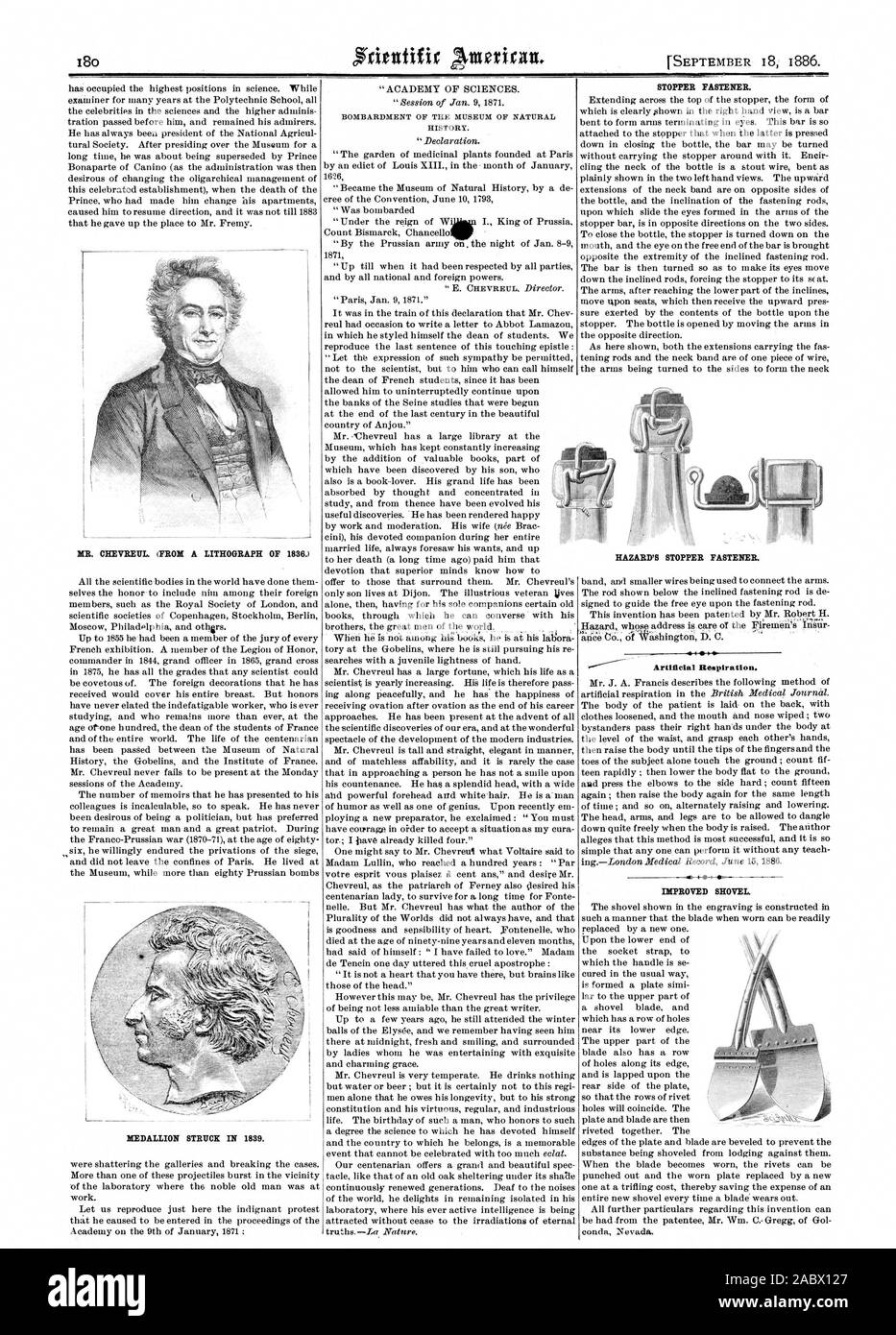 BOMBARDMENT OF THE MUSEUM OF NATURAL HISTORY. STOPPER FASTENER. Artificial Respiration. IMPROVED SHOVEL MR. CHEVREIIL. (FROM A LITHOGRAPH OF 1836.) MEDALLION STRUCK IN 1839. HAZARD'S STOPPER FASTENER., scientific american, 1886-09-18 Stock Photo