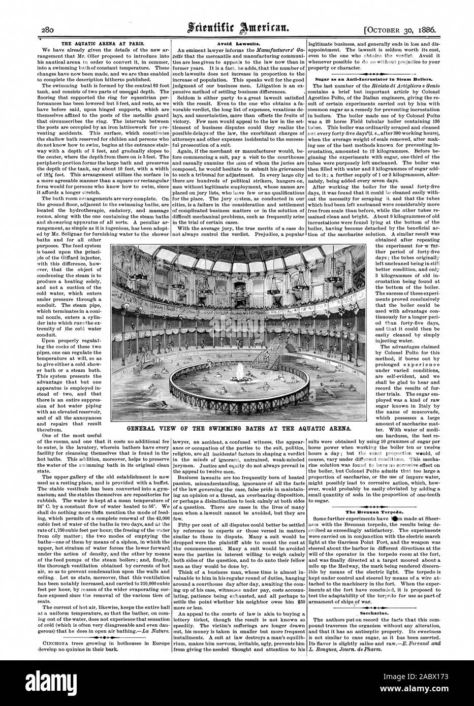 THE AQUATIC ARENA AT PARIS. Sugar as an Anti.Incrustator in Steam Boilers. The Brennan Torpedo. Saccharine. Avoid Lawsuits. GENERAL VIEW OF THE SWIMMING BATHS AT, scientific american, 1886-10-30 Stock Photo