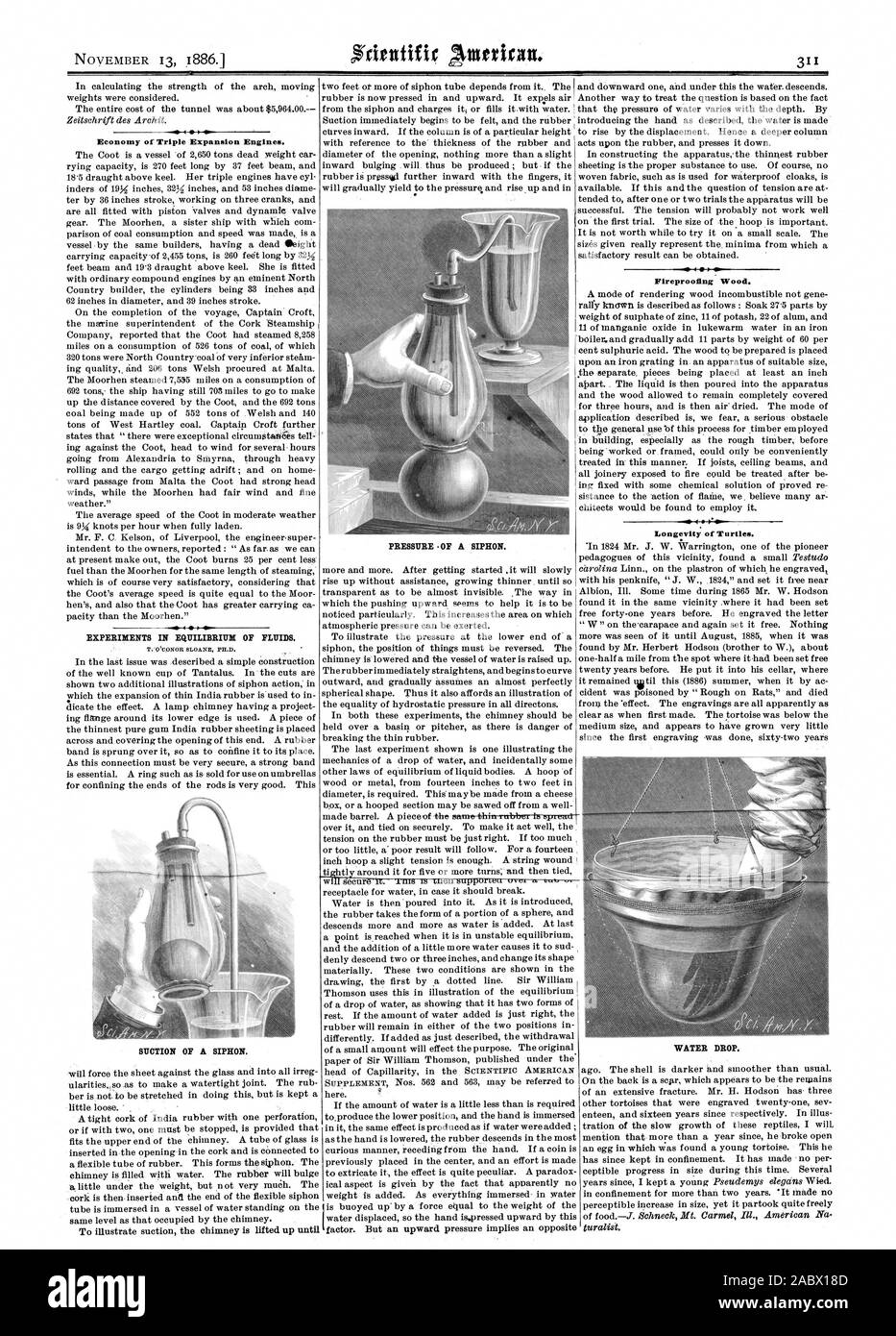 EXPERIMENTS IN EQUILIBRIUM OF FLUIDS. SUCTION OF A SIPHON. PRESSURE .OF A SIPHON. Fireproofing Wood. Longevity of Turtles. WATER DROP. - 4  Economy of Triple Expansion Engines., scientific american, 1886-11-13 Stock Photo