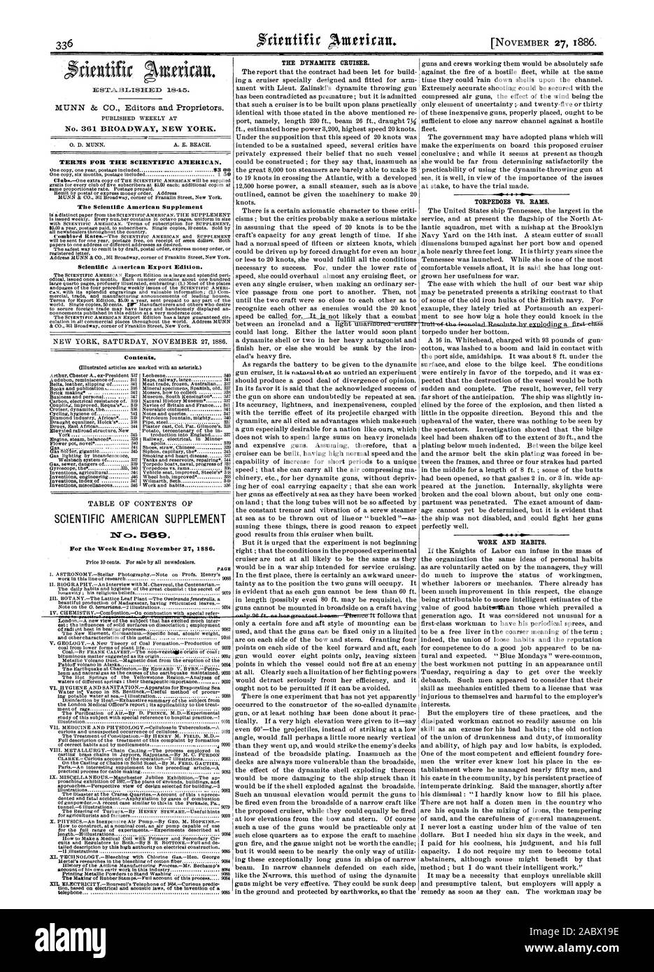 Week Ending November 27 1886. TEl DYNAMITE CRUISER. TORPEDOES VS. RAMS. WORK AND HABITS., scientific american, 1886-11-27 Stock Photo