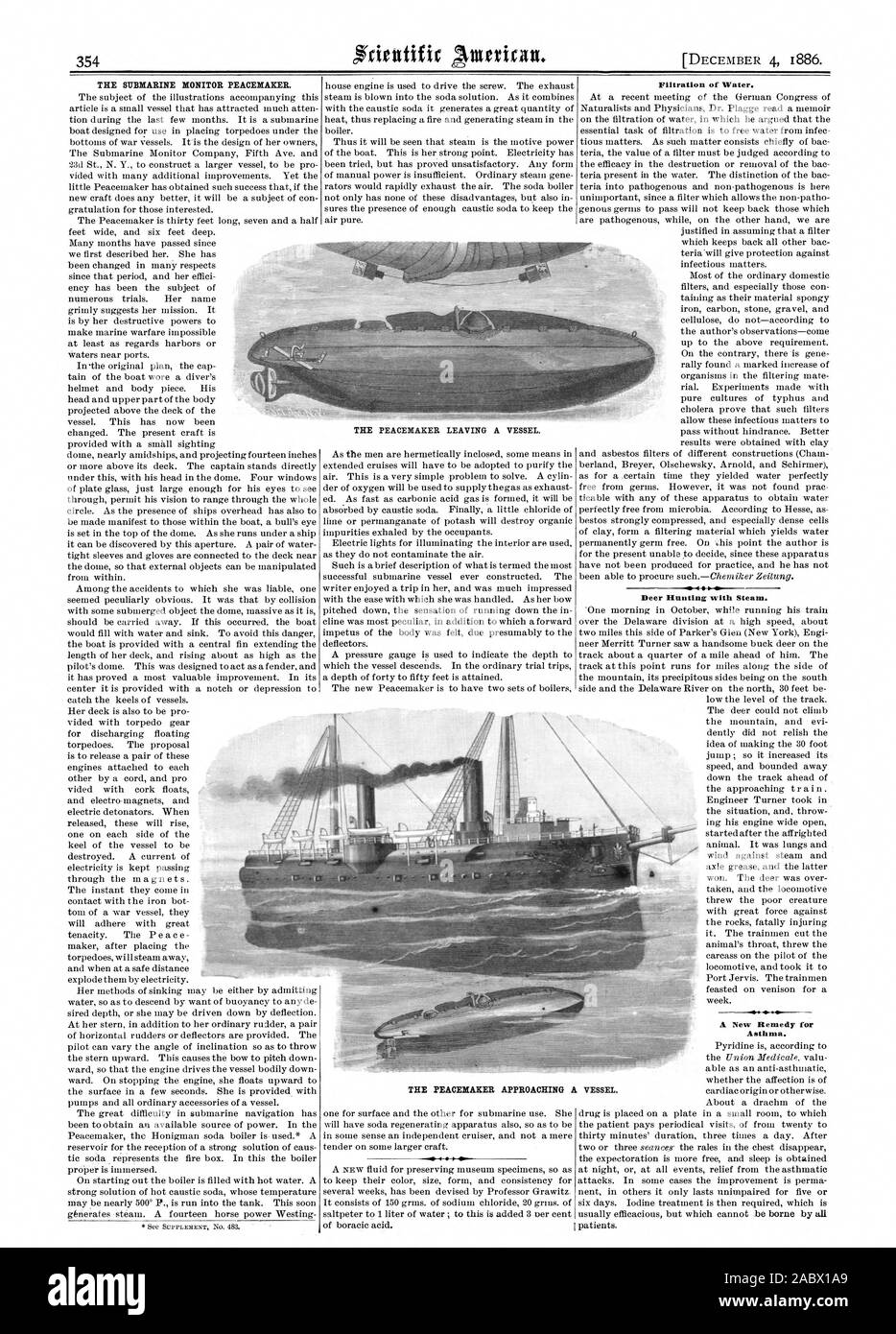THE SUBMARINE MONITOR PEACEMAKER. .00 I  0 41 Filtration of Water. Deer Hunting with Steam. A New Remedy for Asthma., scientific american, 1886-12-04 Stock Photo