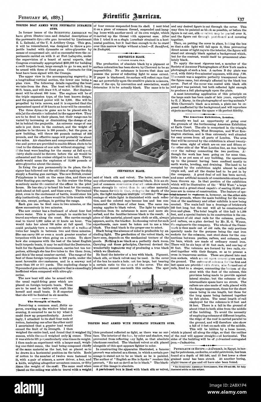 TORPEDO BOAT ARMED WITH PNEUMATIC DYNAMITE GUNS. -40. The Strength of Snails. CHEVREUL'S BLACK. CILEVREUL'S BLACK. The American Exhibition London. TORPEDO BOAT ARMED WITH PNEUMATIC DYNAMITE GU NS., scientific american, 1887-02-26 Stock Photo