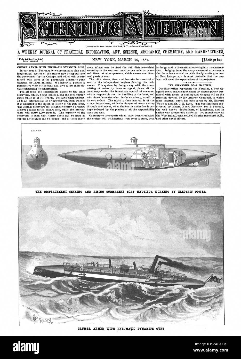 CRUISER ARMED WITH PNEUMATIC DYNAMITE GUNS. THE SUBMARINE BOAT NAUTILUS. CRUISER ARMED WITH PNEUMATIC DYNAMITE GUNS THE DISPLACEMENT SINKING AND RISING SUBMARINE BOAT NAUTILUS WORKING BY ELECTRIC POWER. Vol. LVI.--No. 13.1, scientific american, 1887-03-26 Stock Photo