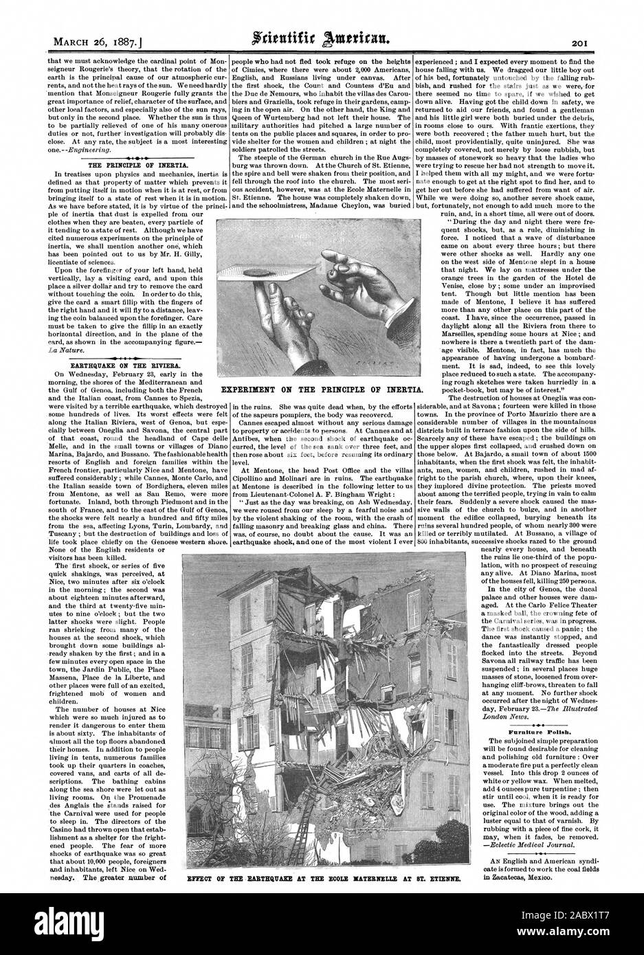 EXPERIMENT ON THE PRINCIPLE OF INERTIA. THE PRINCIPLE OF INERTIA. VII 4  EARTHQUAKE ON THE RIVIERA. Furniture Polish. EFFECT OF THE EARTHQUAKE AT THE ECOLE HATERNELLE AT BT. ETIENNE., scientific american, 1887-03-26 Stock Photo