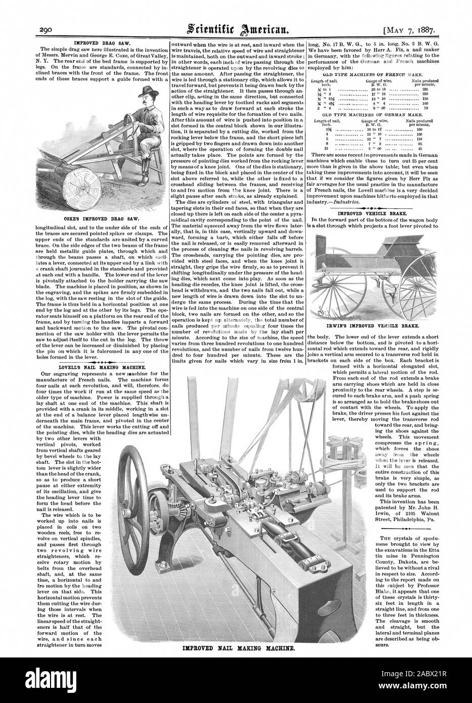 IMPROVED DRAG SAW. LOVELL'S NAIL MAKING MACHINE. IMPROVED VEHICLE BRAKE. IMPROVED NAIL MAKING MACHINE, scientific american, 1887-05-07 Stock Photo