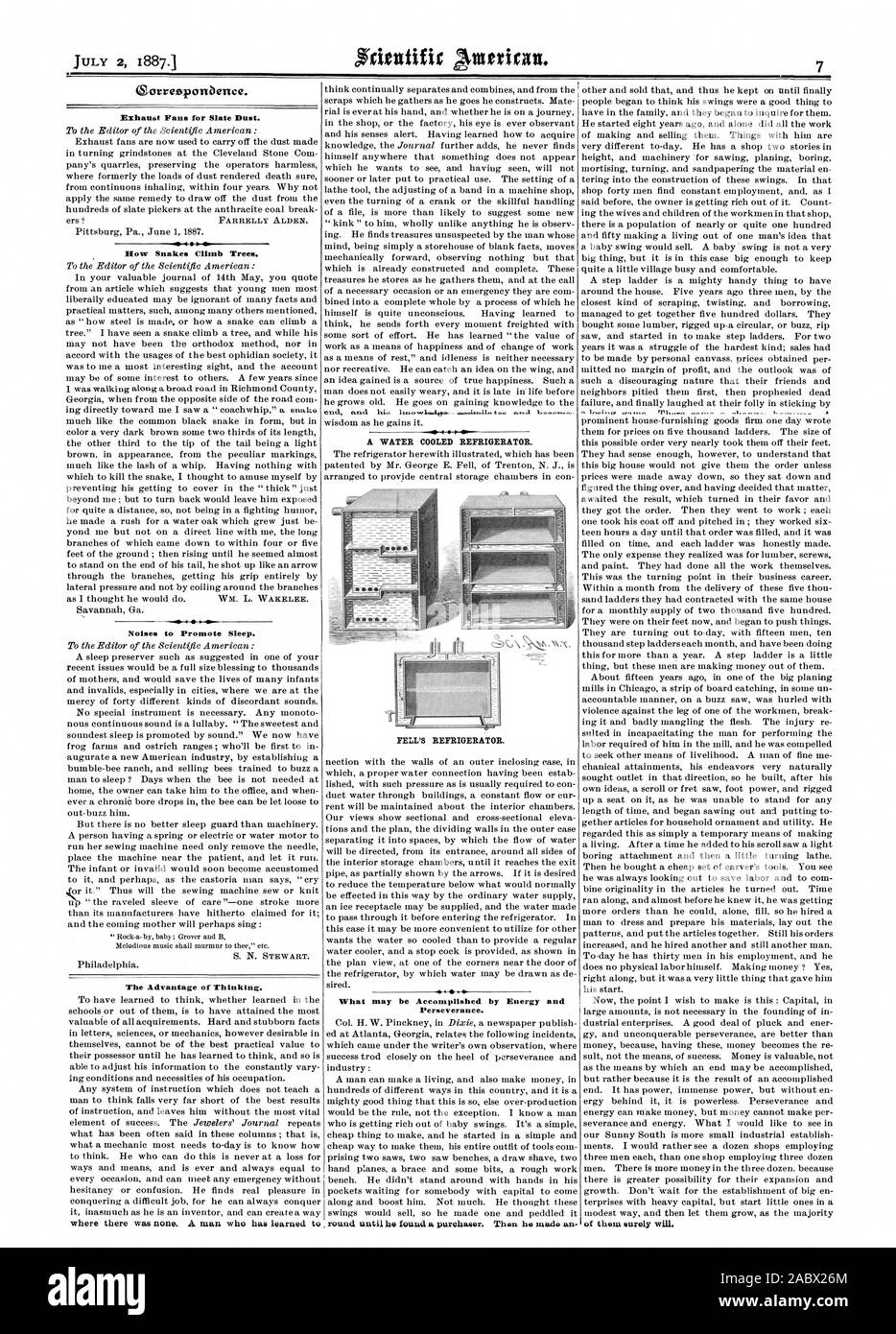 Oorreepanbence. Exhaust Fans for Slate Dust. How Snakes Climb Trees. Noises to Promote Sleep. The Advantage of Thinking. where there was none. A man who has learned t A WATER COOLED REFRIGERATOR. FELL'S REFRIGERATOR. Perseverance. round until he found a purchaser. When he ;nada an, scientific american, 1887-07-02 Stock Photo