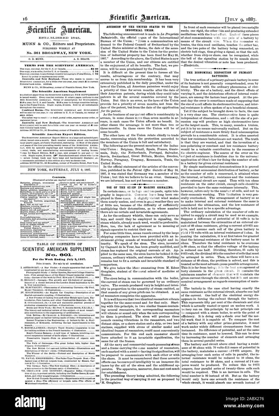 Week Ending July 91887. PAGE ACCESSION OF THE UNITED STATES TO THE INDUSTRIAL UNION. USE OF THE SIREN IN MARINE SIGNALING. THE ECONOMICAL DISPOSITION OF PRIMARY BATTERIES., scientific american, 1887-07-09 Stock Photo