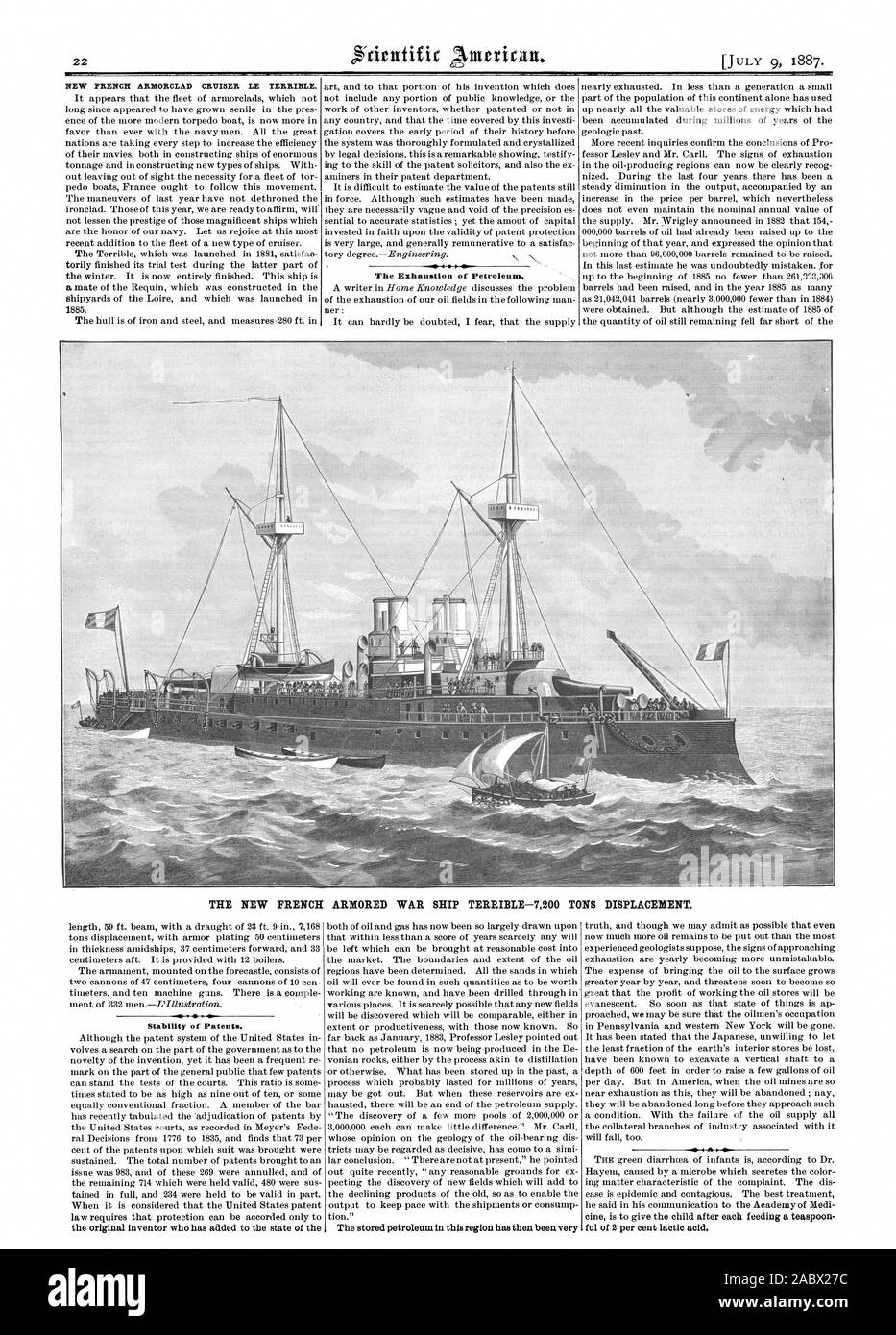 NEW FRENCH ARNORCLAD CRUISER LE TERRIBLE. The Exhaustion of Petroleum. THE NEW FRENCH ARMORED WAR SHIP TERRIBLE-7200 TONS DISPLACEMENT. Stability of Patents., scientific american, 1887-07-09 Stock Photo