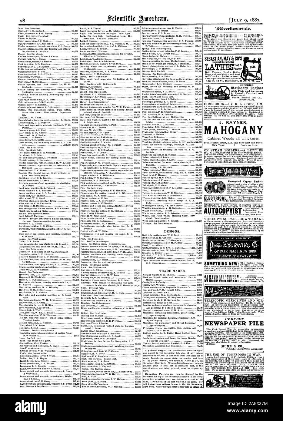 DESIGNS. TRADE MARKS. New York. Other foreign patents may also be obtained. Back Page each insertion  - 391.00 a line. ON STEAM BOILERS.-A LECTURE THE COPYING PAD.-HOW TO MAKE TELESCOPIC OBJECTIVES AND MIR fEliFECI' NEWSPAPER FILE Address MUNN & CO. THE USE OF TORPEDOES IN WAR SEBASTIAN MAY & CO'S Power Corrugated Copper Gaskets. Company 22 Cortlandt St. N. V. AUTOCOPYIST, scientific american, 1887-07-09 Stock Photo