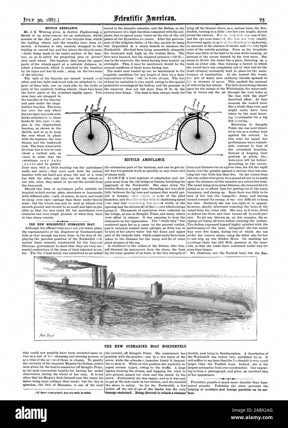 BICYCLE AMBULANCE. THE NEW NORDENFELT SUBMARINE BOAT. BICYCLE AMBULANCE. THE NEW SUBMARINE BOAT NORDENFELT. damage sustained. Being directed to attack a steamer, scientific american, 1887-07-30 Stock Photo