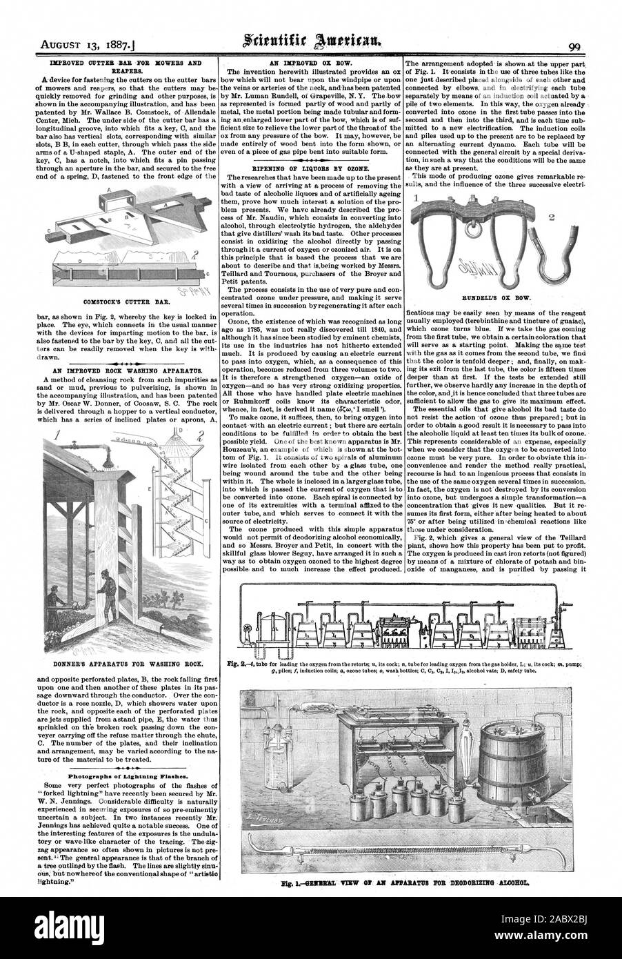 IMPROVED CUTTER BAR FOR MOWERS AND REAPERS. COMSTOCK'S CUTTER BAR. AN IMPROVED ROCK WASHING APPARATUS. DONNER'S APPARATUS FOR WASHING ROCK. AN IMPROVED OK BOW. RIPENING OF LIQUORS BY OZONE. RUNDELL'S OX BOW. Photographs of Lightning Flashes., scientific american, 1887-08-13 Stock Photo