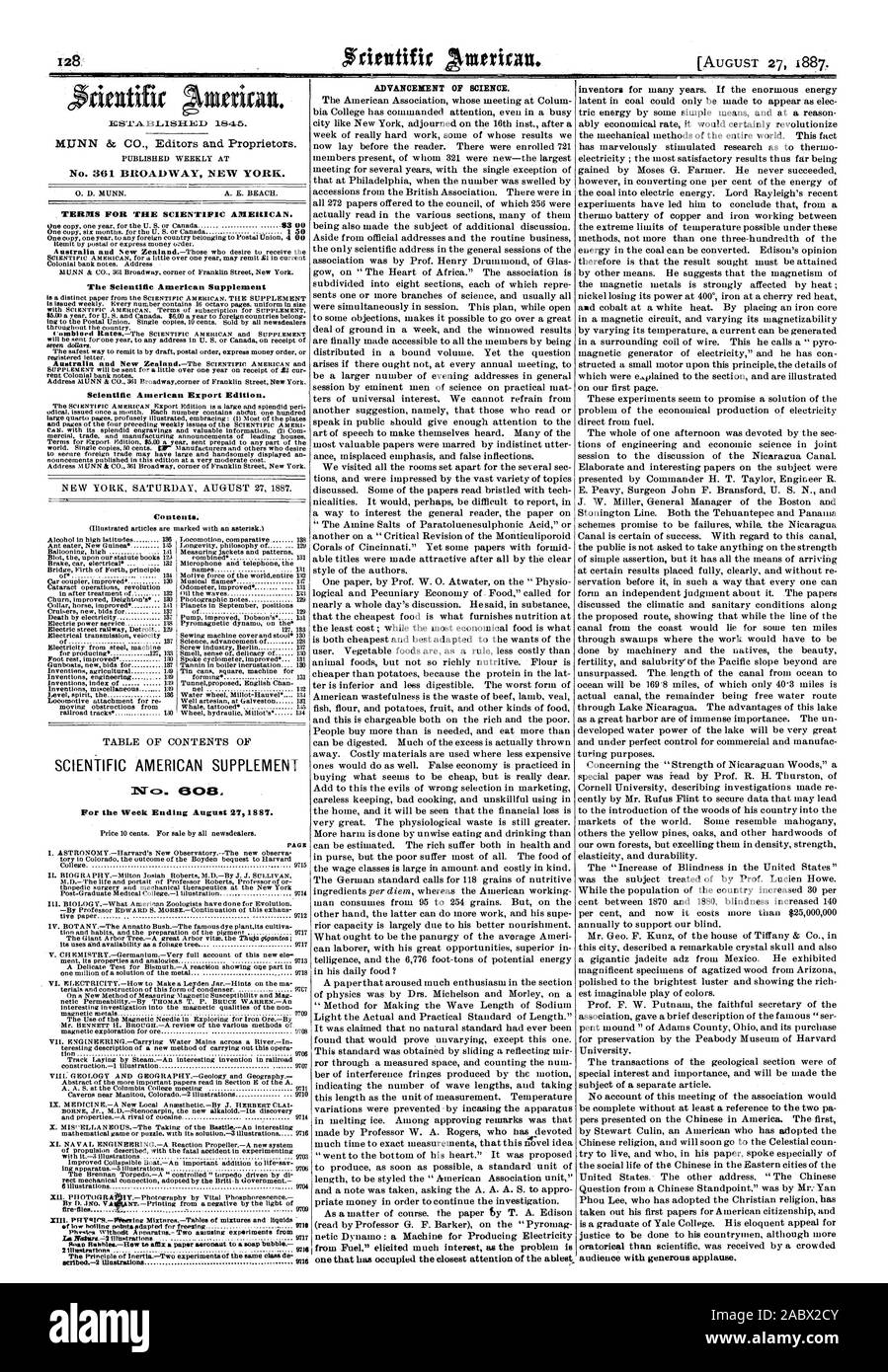 MUNN & CO. Editors and Proprietors. PUBLISHED WEEKLY AT O. D. MUNN.   A. E. BEACH. TERMS FOR THE SCIENTIFIC AMERICAN. One copy one year. for the U. S. or Canada   SS 00 One copy six months. for the U. S. or Canada   1 50 One copy one year. to any foreign country belonging to Postal Union 4 00 Remit by postal or express money order. Australia and Sew Zealand.-Those who desire to receive the SCIENTIFIC AMERICAN for a little over one year may remit SI in current Colonial bank notes. Address 51 LINN & CO 361 Broadway corner of Franklin Street New York. The Scientific American Supplement is a Stock Photo