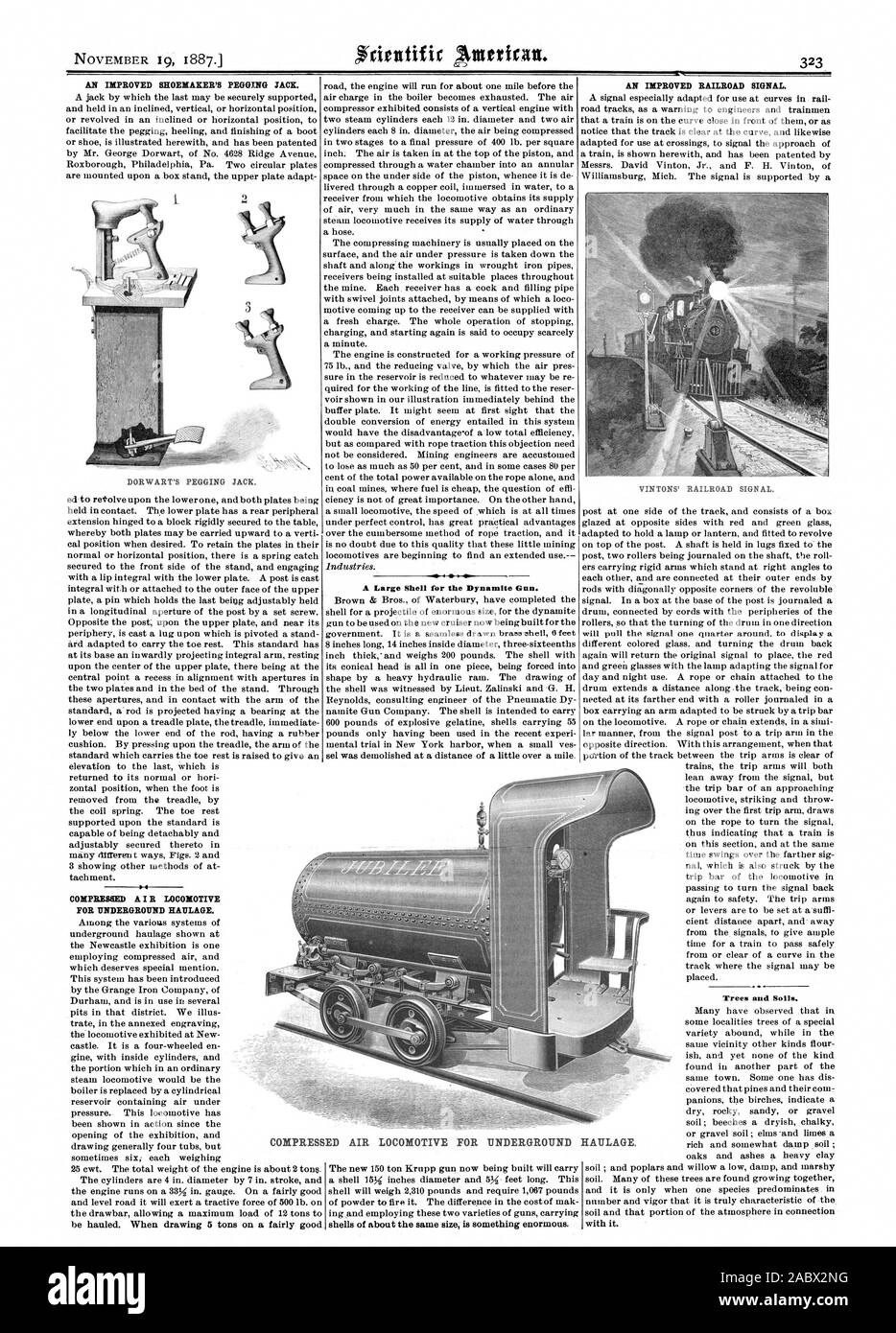 AN IMPROVED SHOEMAKER'S PEGGING JACK. COMPRESSED A I R LOCOMOTIVE FOR UNDERGROUND HAULAGE. sw  ss A Large Shell for the Dynamite Gun. AN IMPROVED RAILROAD SIGNAL. Trees and Soils. COMPRESSED AIR LOCOMOTIVE FOR UNDERGROUND HAULAGE., scientific american, 1887-11-19 Stock Photo