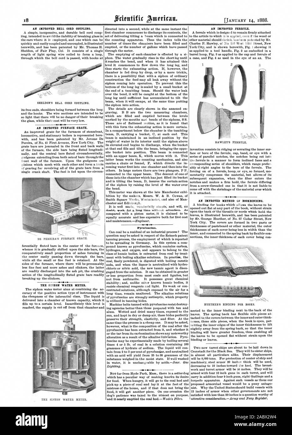 AN IMPROVED BELL CORD COUPLING. SHELDON'S BEA.L CORD COUPLING. 4  AN IMPROVED FURNACE GRATE. THE SIPHON WATER DIETER. Pyrofuscine. AN IMPROVED FERRULE. AN IMPROVED METHOD OF BOOKBINDING., scientific american, 1888-01-14 Stock Photo